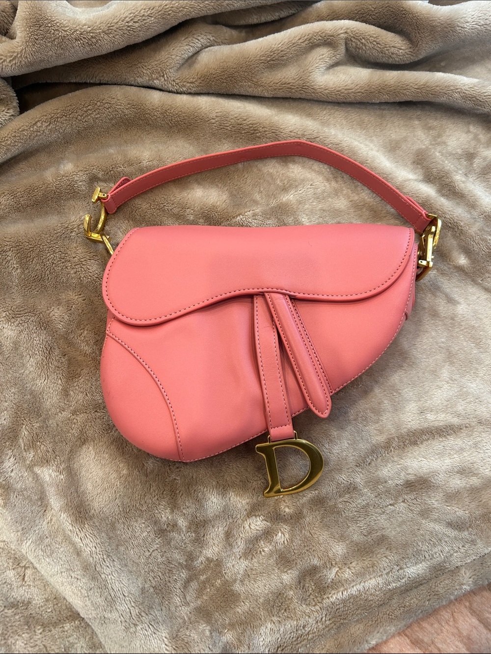 Dior ish Coral Saddle Shoulder Bag with Gold Charm